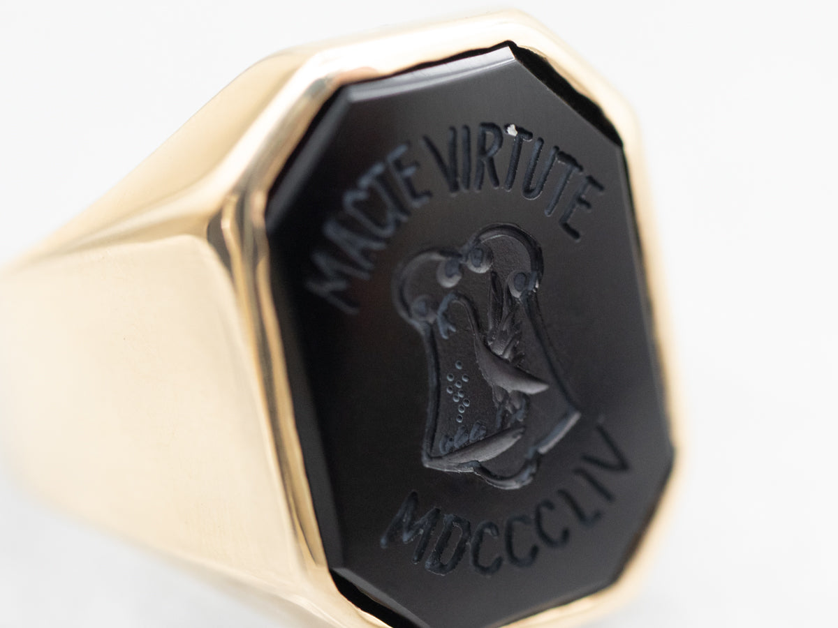 Vintage "MACTE VIRTUTE MDCCCLIV" Carved Black Onyx College Ring