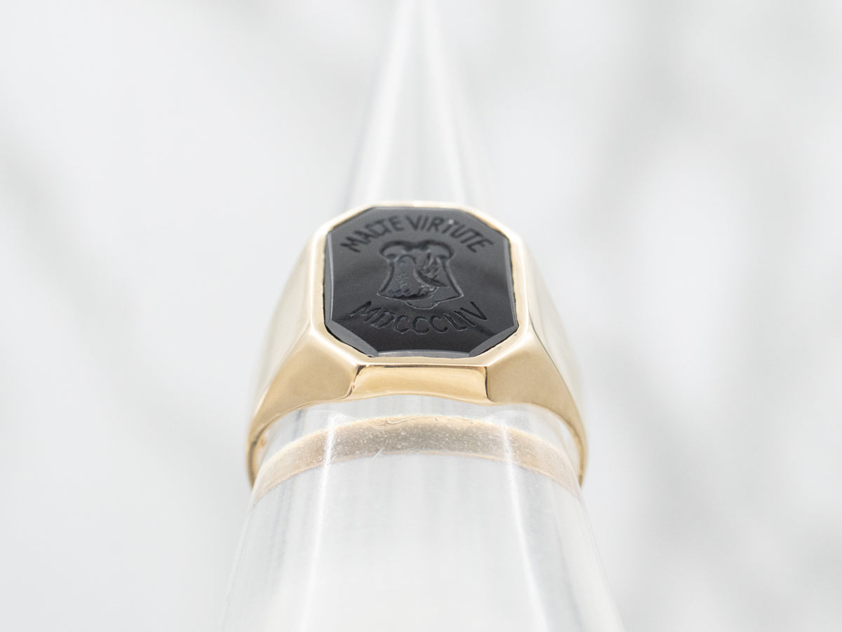 Vintage "MACTE VIRTUTE MDCCCLIV" Carved Black Onyx College Ring