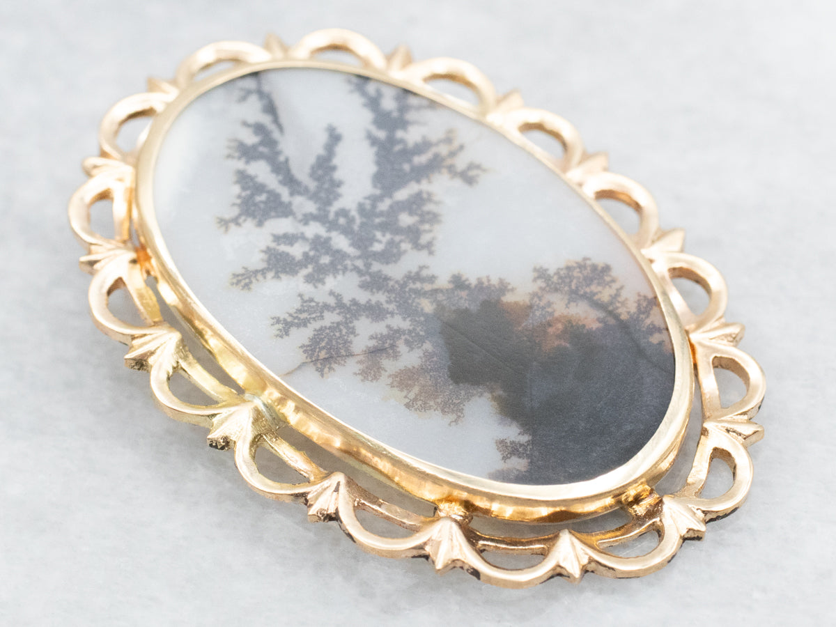 Dendritic Agate Scrolling Gold Pendant