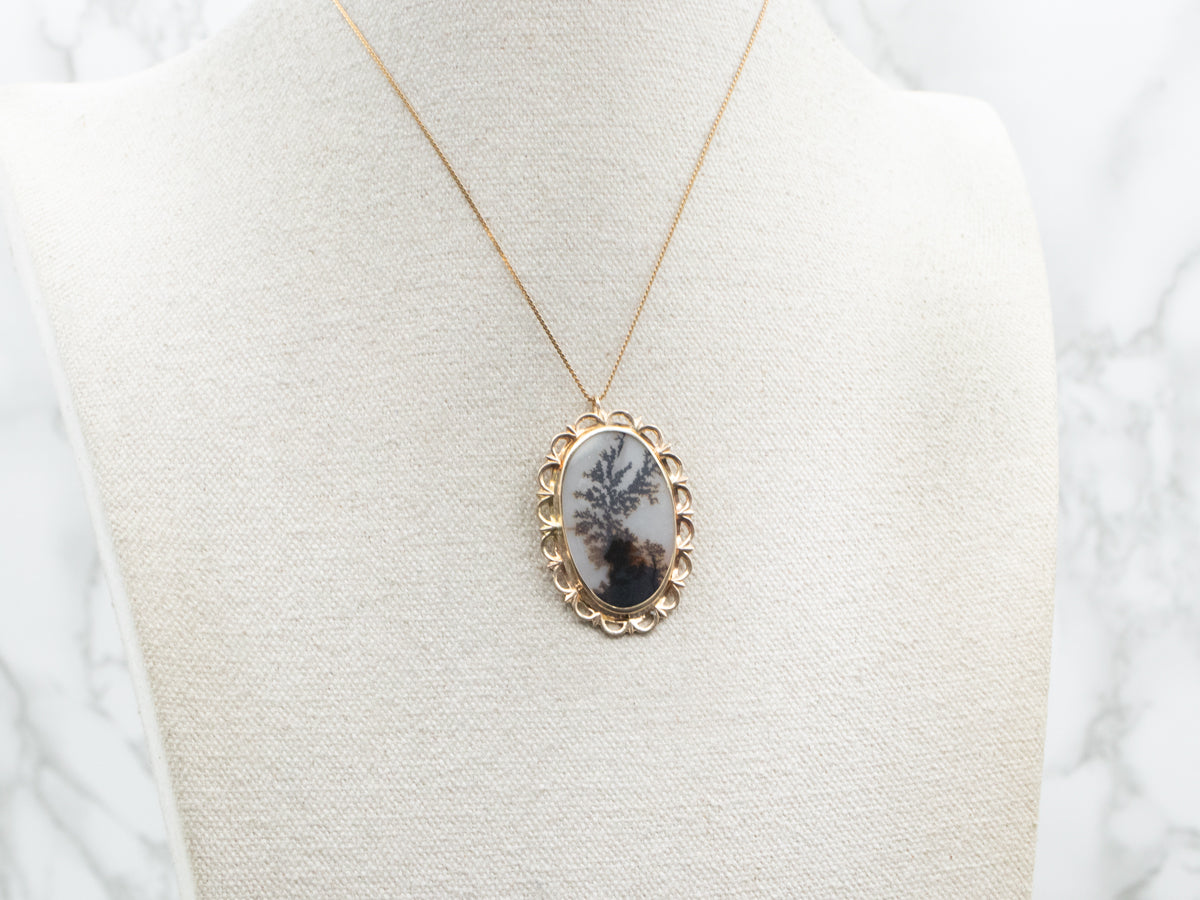 Dendritic Agate Scrolling Gold Pendant