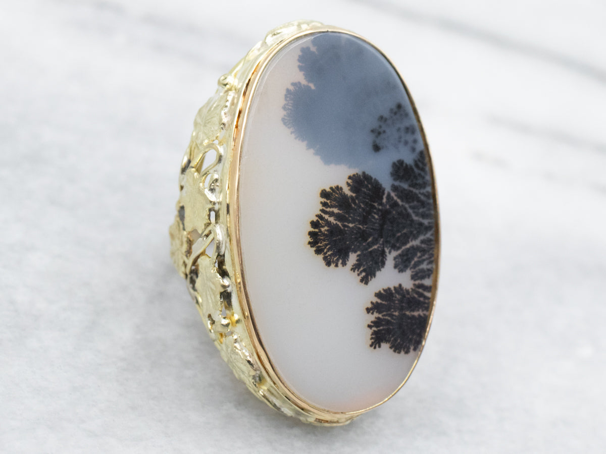 Grape Vine Green Gold Dendritic Agate Cocktail Ring