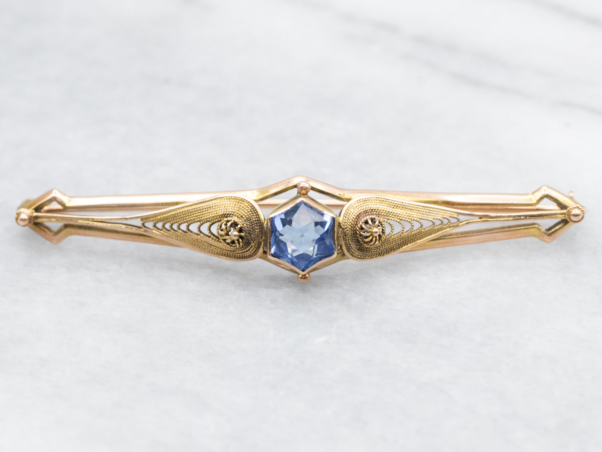 Antique Gold Blue Glass Bar Pin