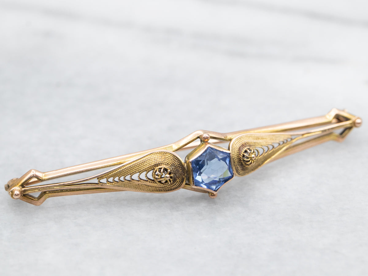 Antique Gold Blue Glass Bar Pin