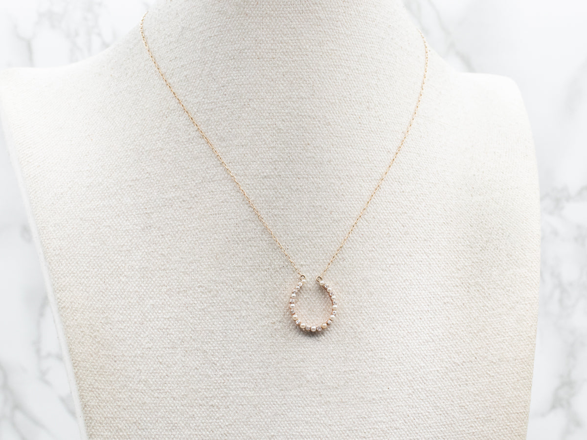 Lucky Diamond and Seed Pearl Horseshoe Pendant Necklace