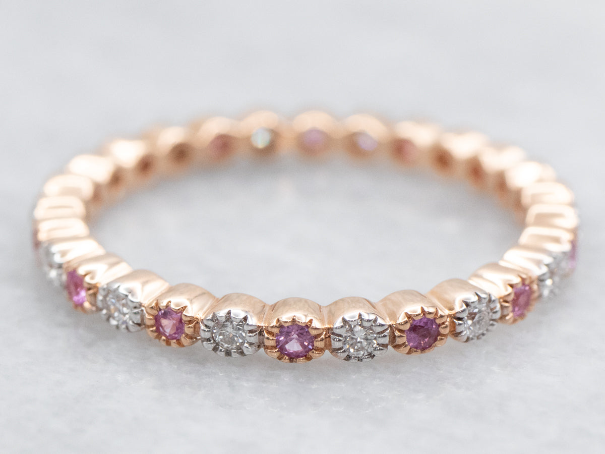 Modern Rose Gold Pink Sapphire and Diamond Eternity Band