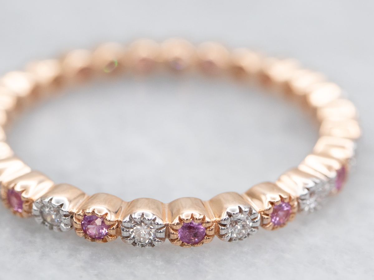 Modern Rose Gold Pink Sapphire and Diamond Eternity Band