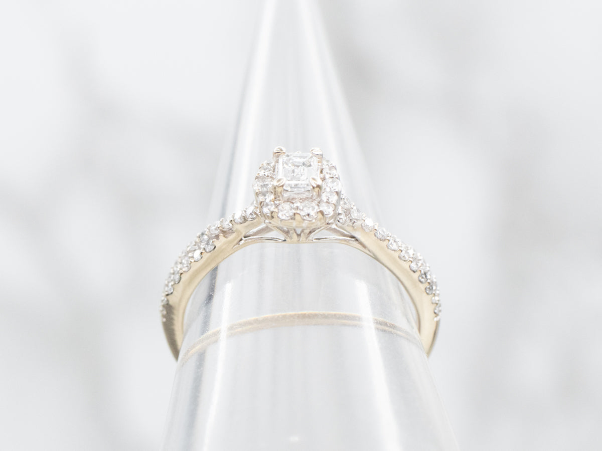 Modern Emerald Cut Diamond Halo Engagement Ring