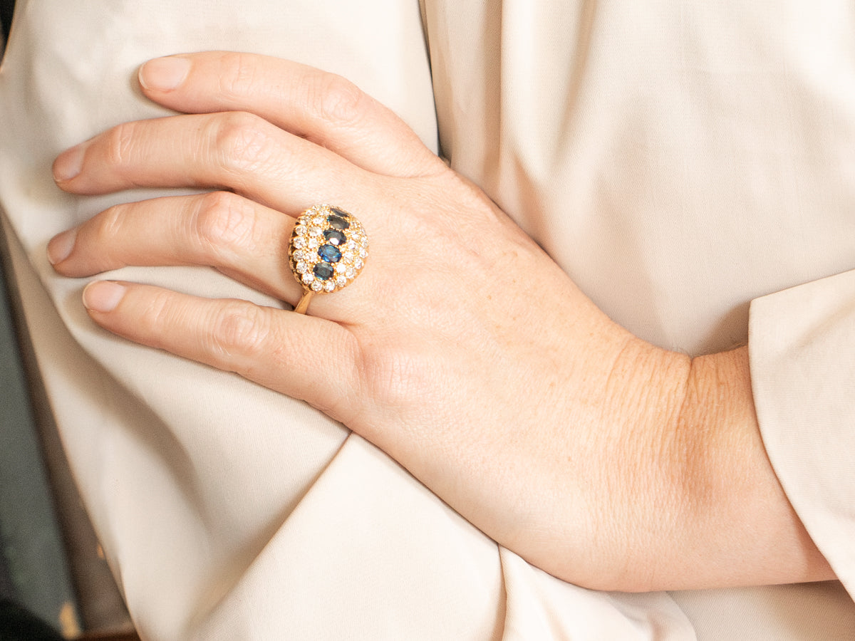 Sapphire and Old Mine Cut Diamond Cluster Cocktail Ring