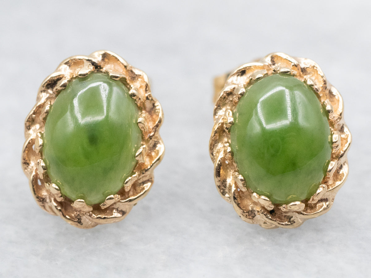 Vintage Gold Nephrite Jade Stud Earrings