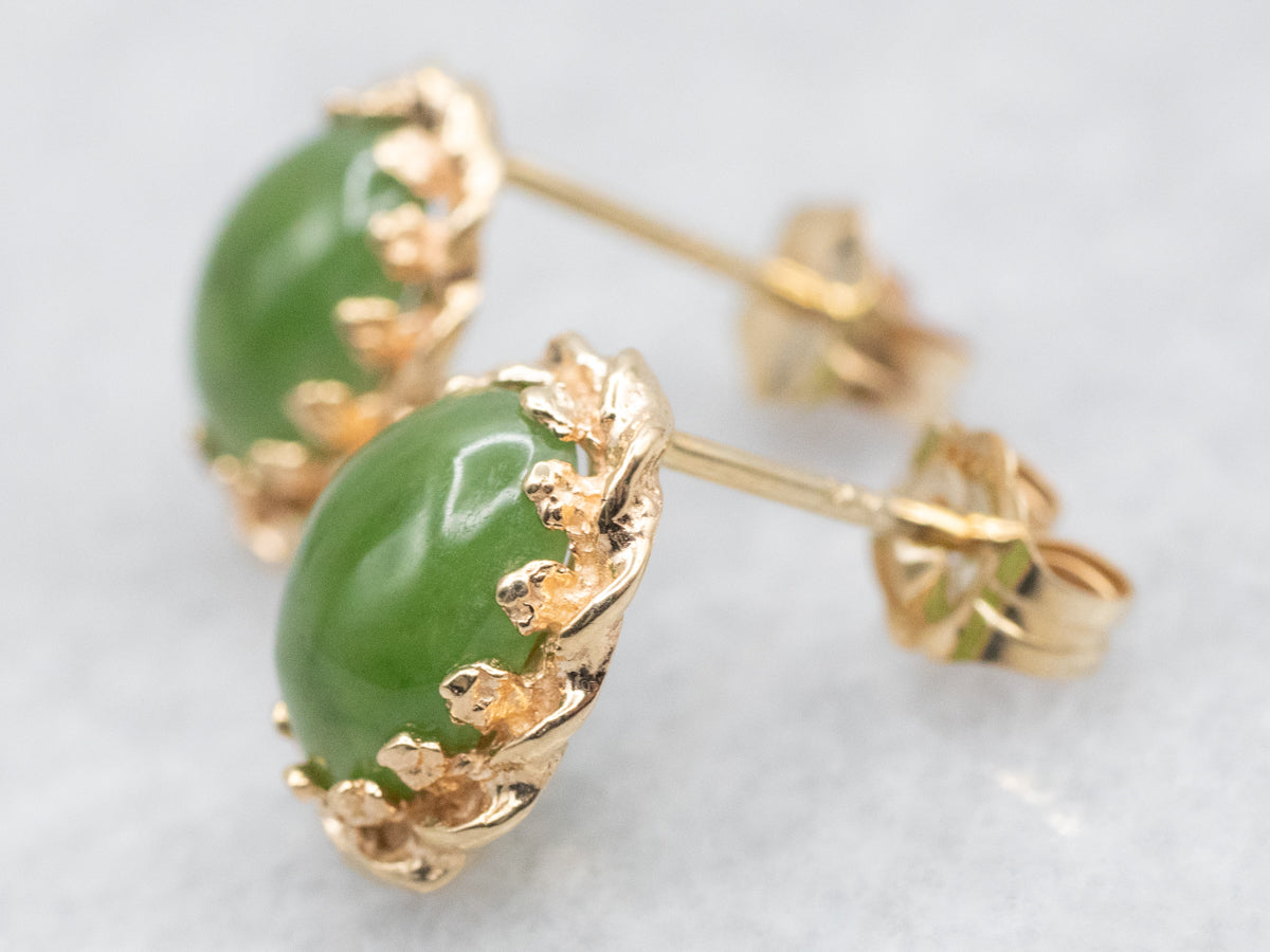 Vintage Gold Nephrite Jade Stud Earrings