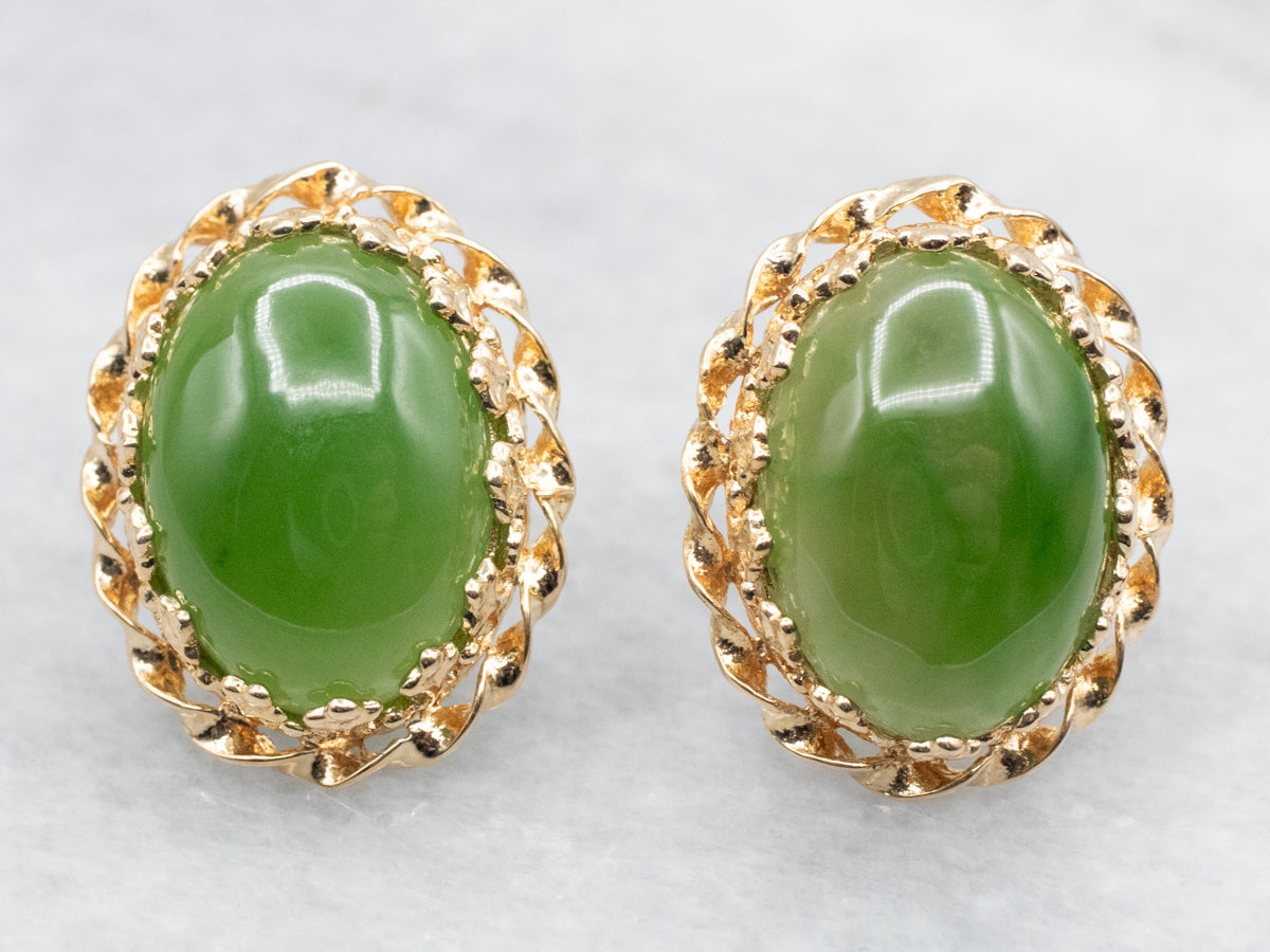 Scrolling Gold Nephrite Jade Stud Earrings