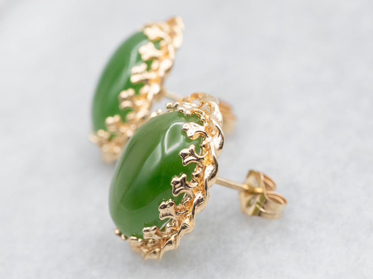 Scrolling Gold Nephrite Jade Stud Earrings