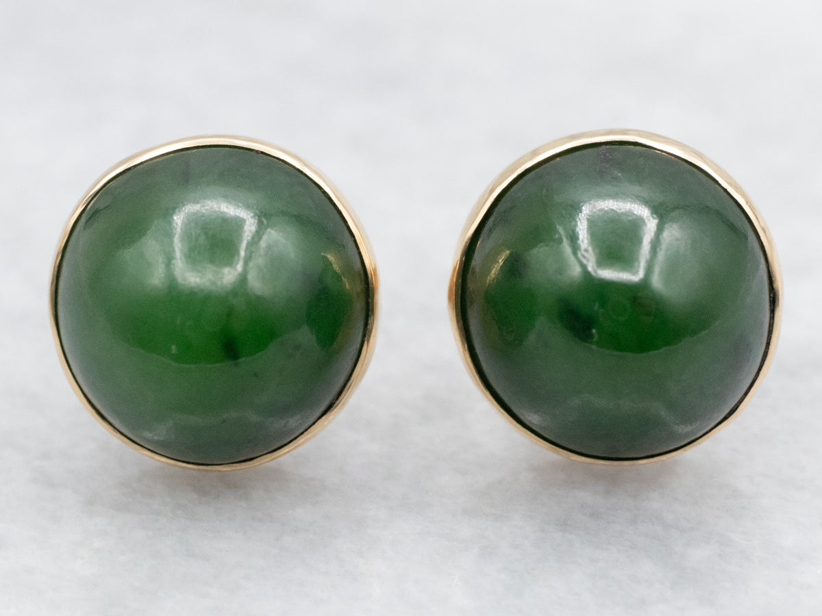 Vintage Bezel-Set Gold Nephrite Jade Stud Earrings