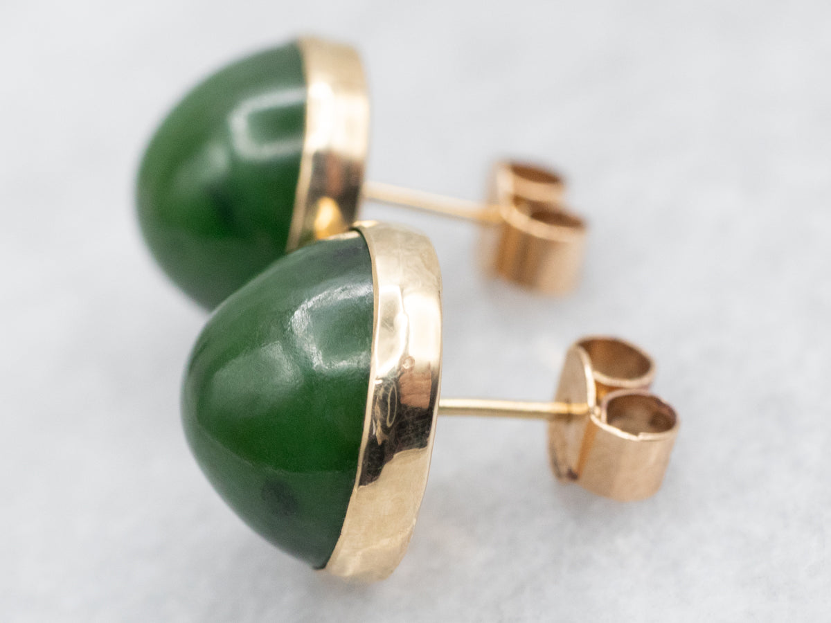 Vintage Bezel-Set Gold Nephrite Jade Stud Earrings