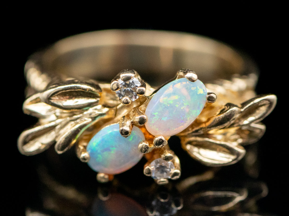 Vintage Botanical Gold Opal and Diamond Ring