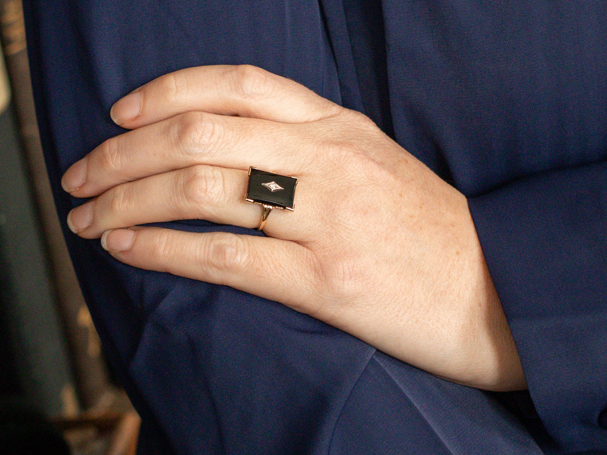 Mid-Century Black Onyx and Diamond Ring