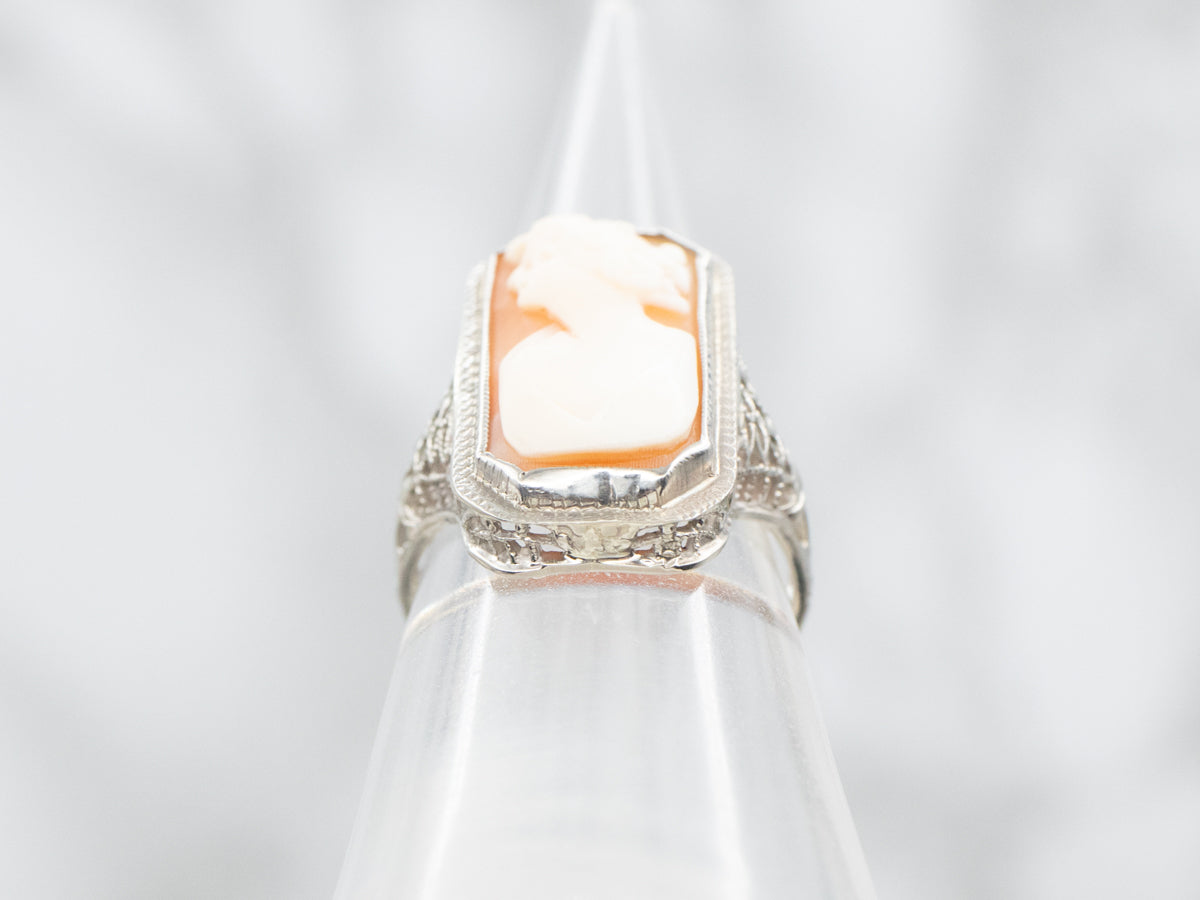 Art Deco Emerald Cut Cameo Filigree Ring