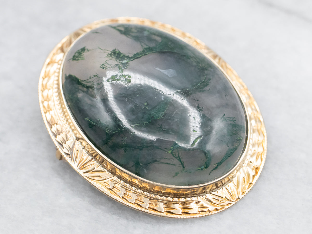 Vintage Moss Agate Brooch or Pendant with Patterned Frame