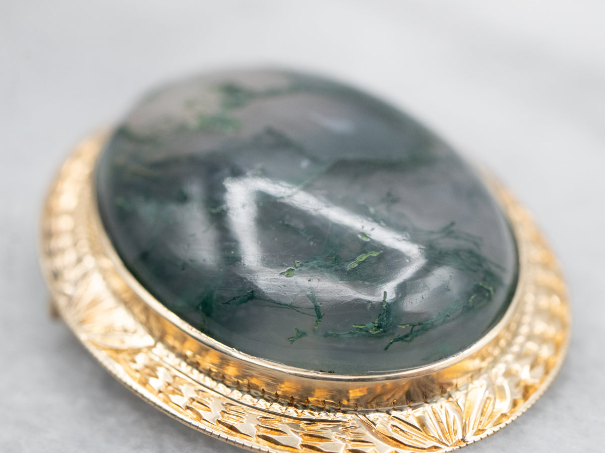 Vintage Moss Agate Brooch or Pendant with Patterned Frame