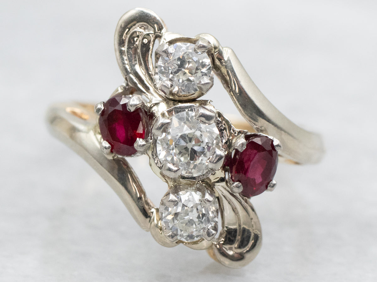 Vintage Old Mine Cut Diamond and Ruby Bypass Ring