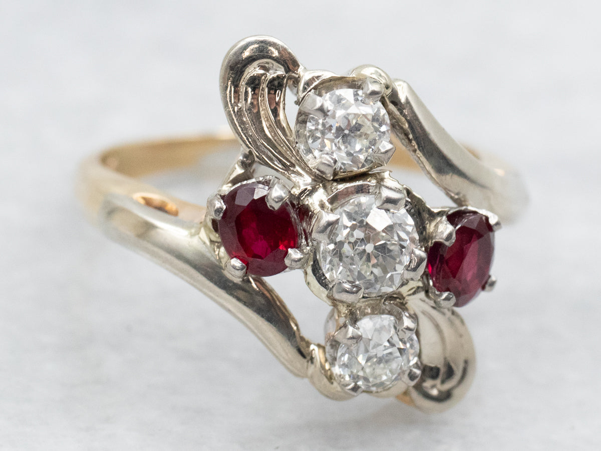 Vintage Old Mine Cut Diamond and Ruby Bypass Ring