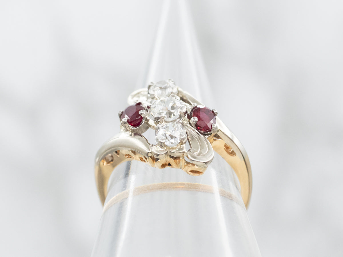 Vintage Old Mine Cut Diamond and Ruby Bypass Ring