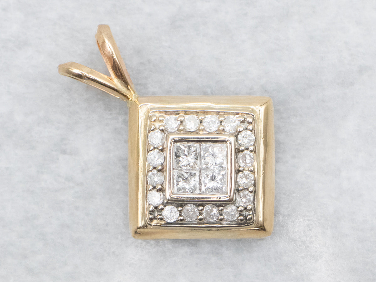 Modern Gold Round and Princess Cut Diamond Pendant