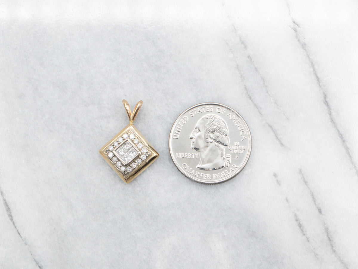 Modern Gold Round and Princess Cut Diamond Pendant