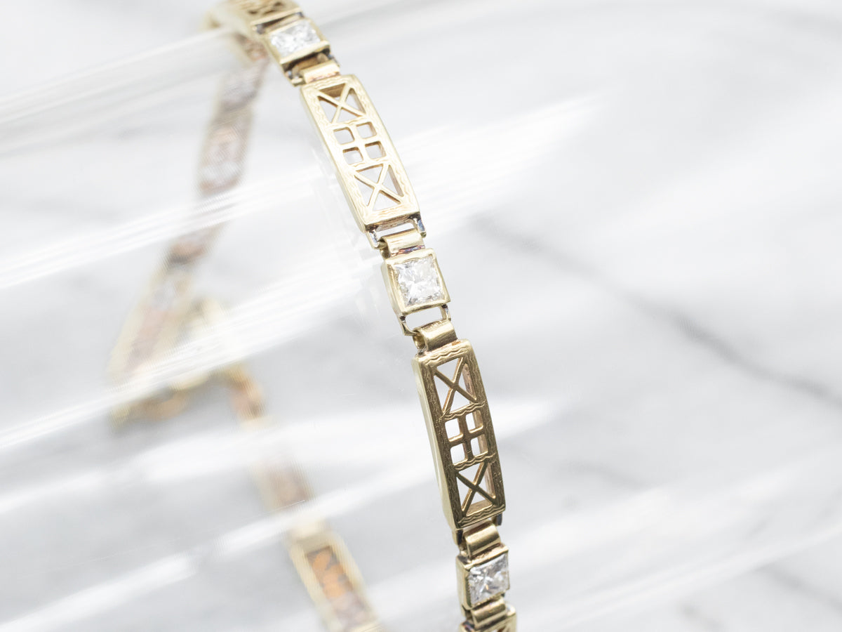 Princess Cut Diamond and Gold Link Bracelet