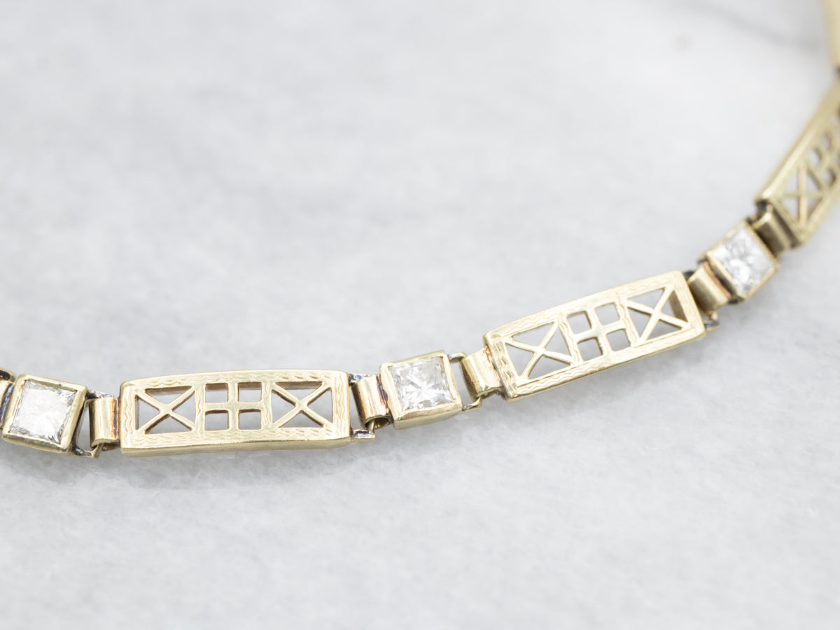 Princess Cut Diamond and Gold Link Bracelet