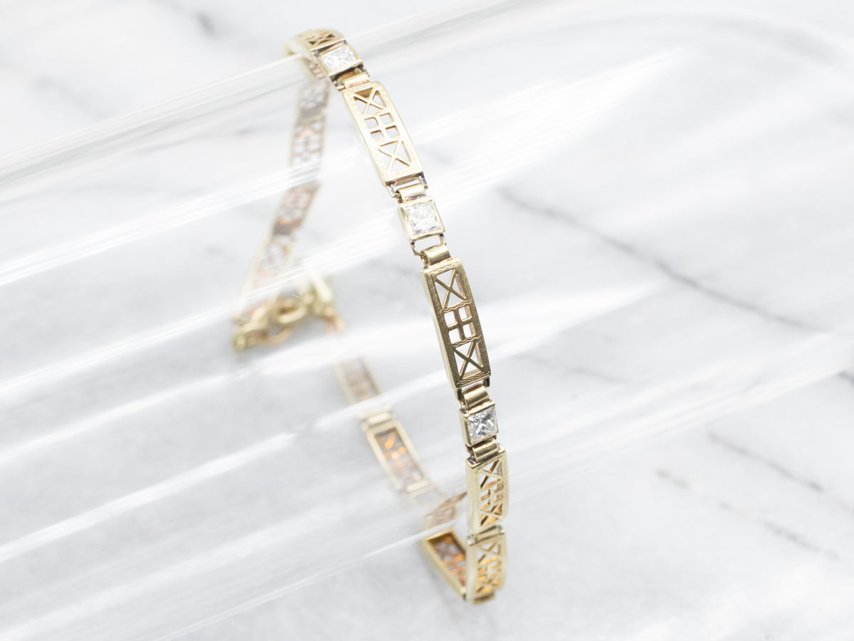 Princess Cut Diamond and Gold Link Bracelet