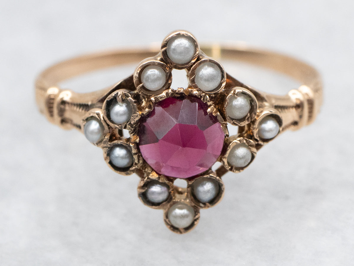 Ostby and Barton Victorian Garnet and Seed Pearl Halo Ring