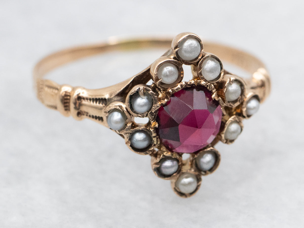 Ostby and Barton Victorian Garnet and Seed Pearl Halo Ring