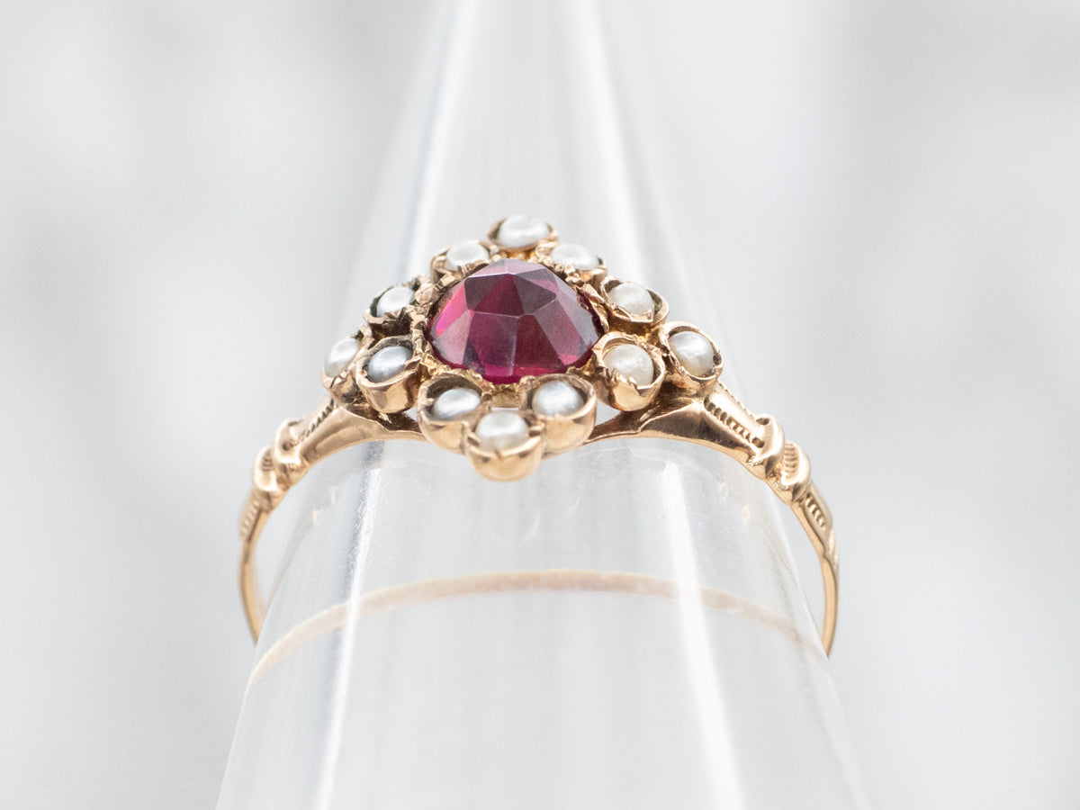 Ostby and Barton Victorian Garnet and Seed Pearl Halo Ring