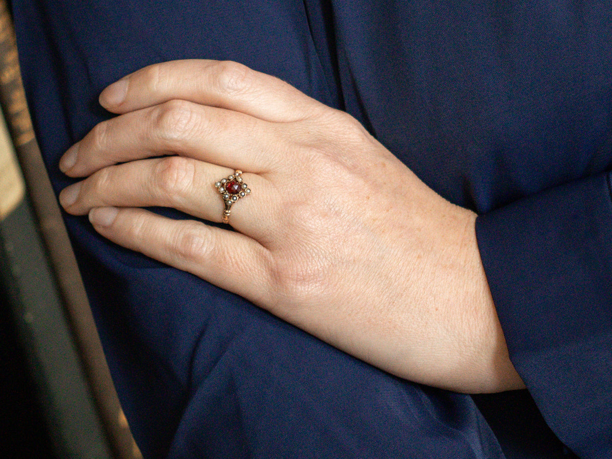 Ostby and Barton Victorian Garnet and Seed Pearl Halo Ring