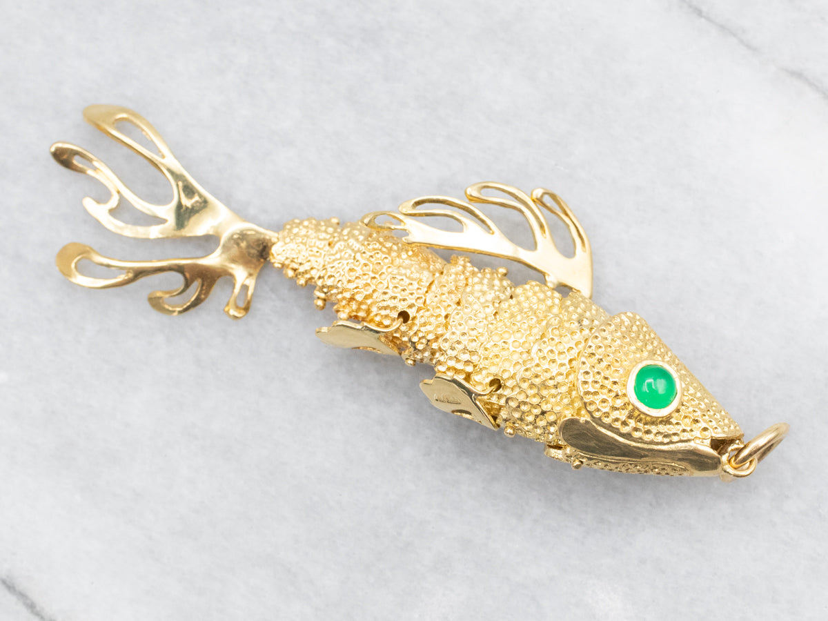 Green Onyx and Italian Gold Wiggle Fish Pendant