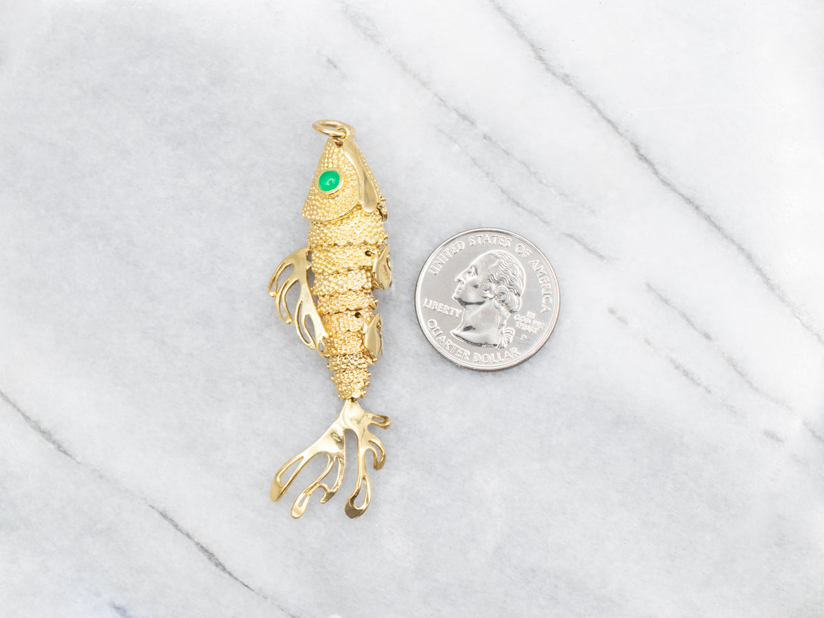 Green Onyx and Italian Gold Wiggle Fish Pendant