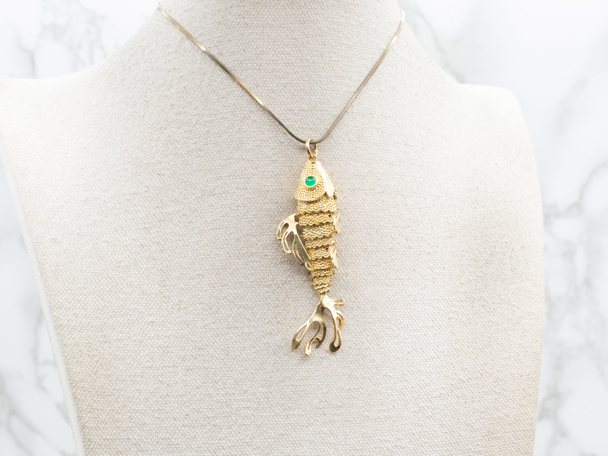 Green Onyx and Italian Gold Wiggle Fish Pendant