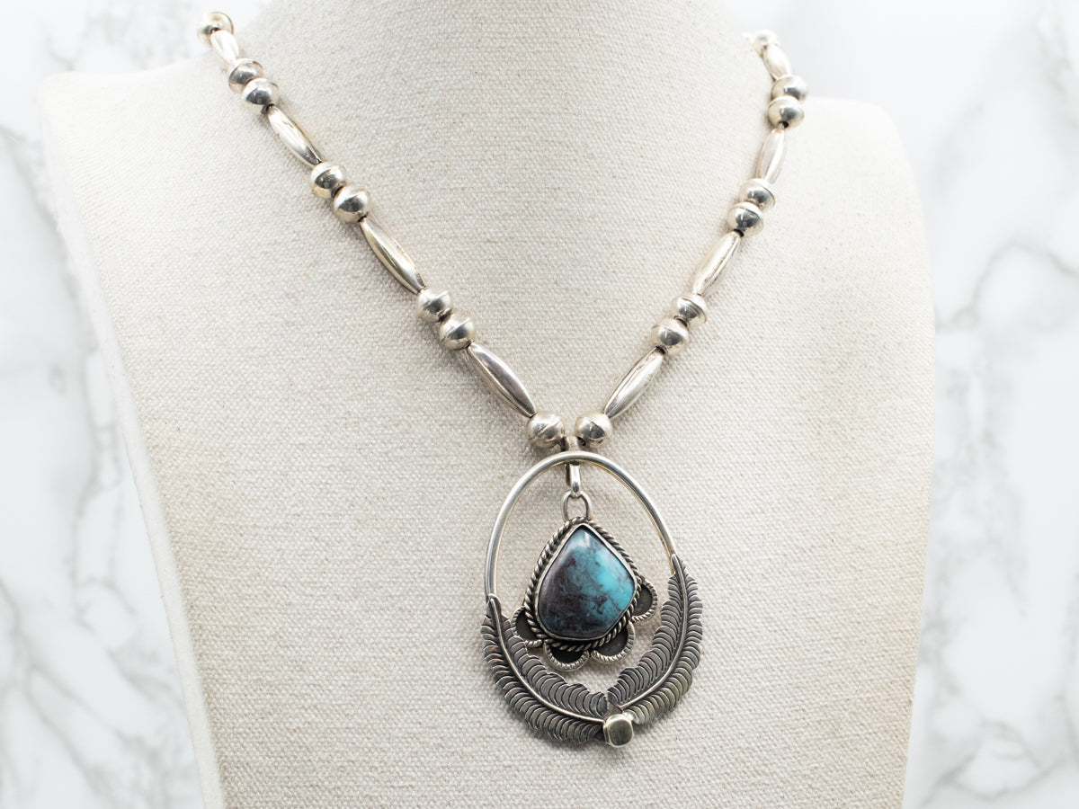 Sterling Silver Native American Statement Necklace with Turquoise Swinging Pendant