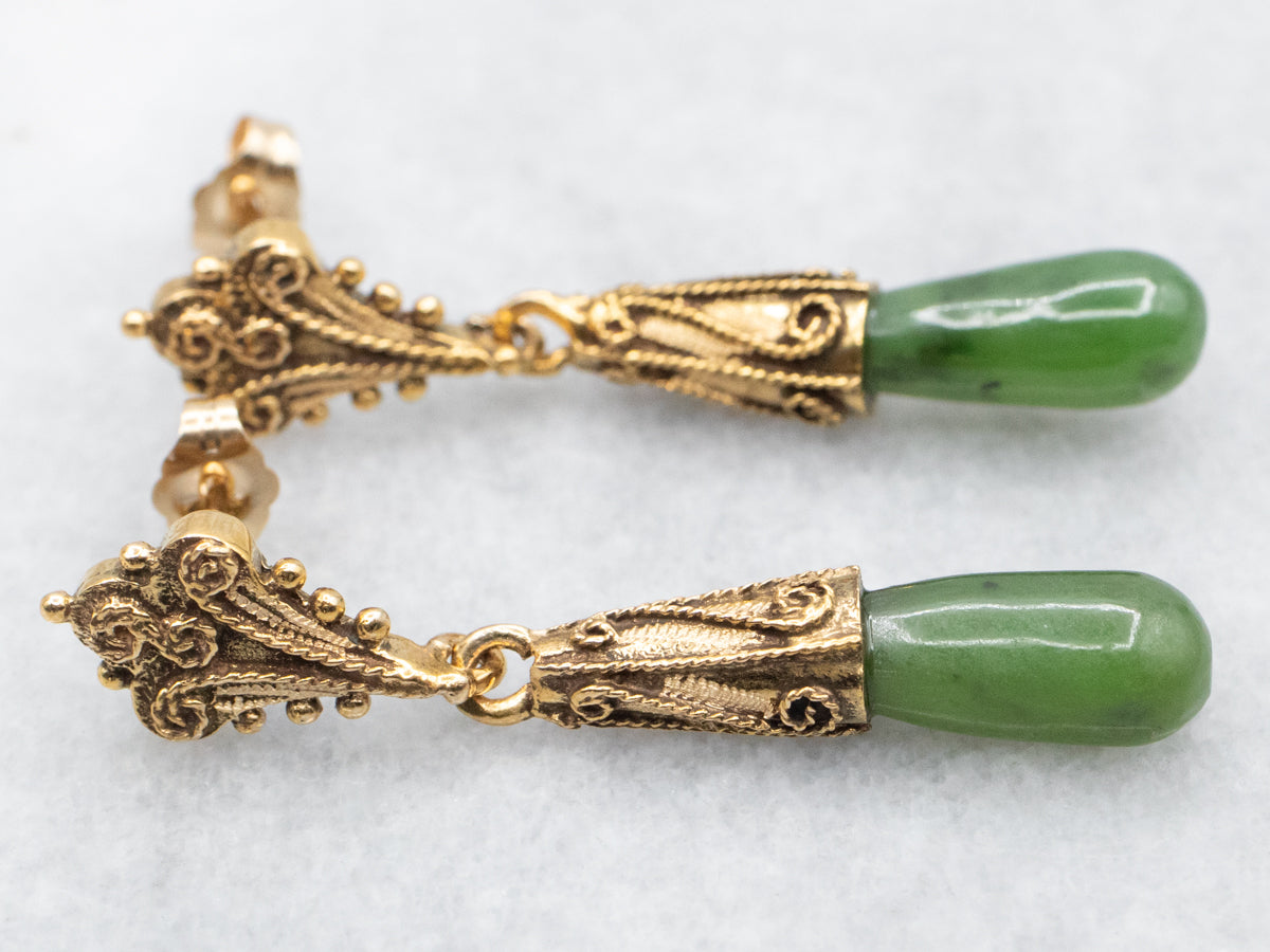 Scrolling Gold Nephrite Jade Drop Earrings