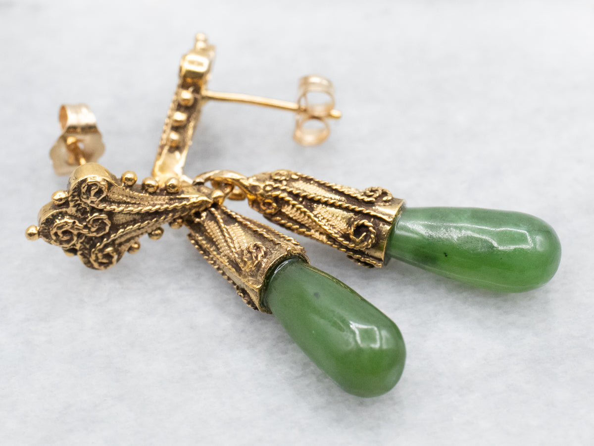 Scrolling Gold Nephrite Jade Drop Earrings