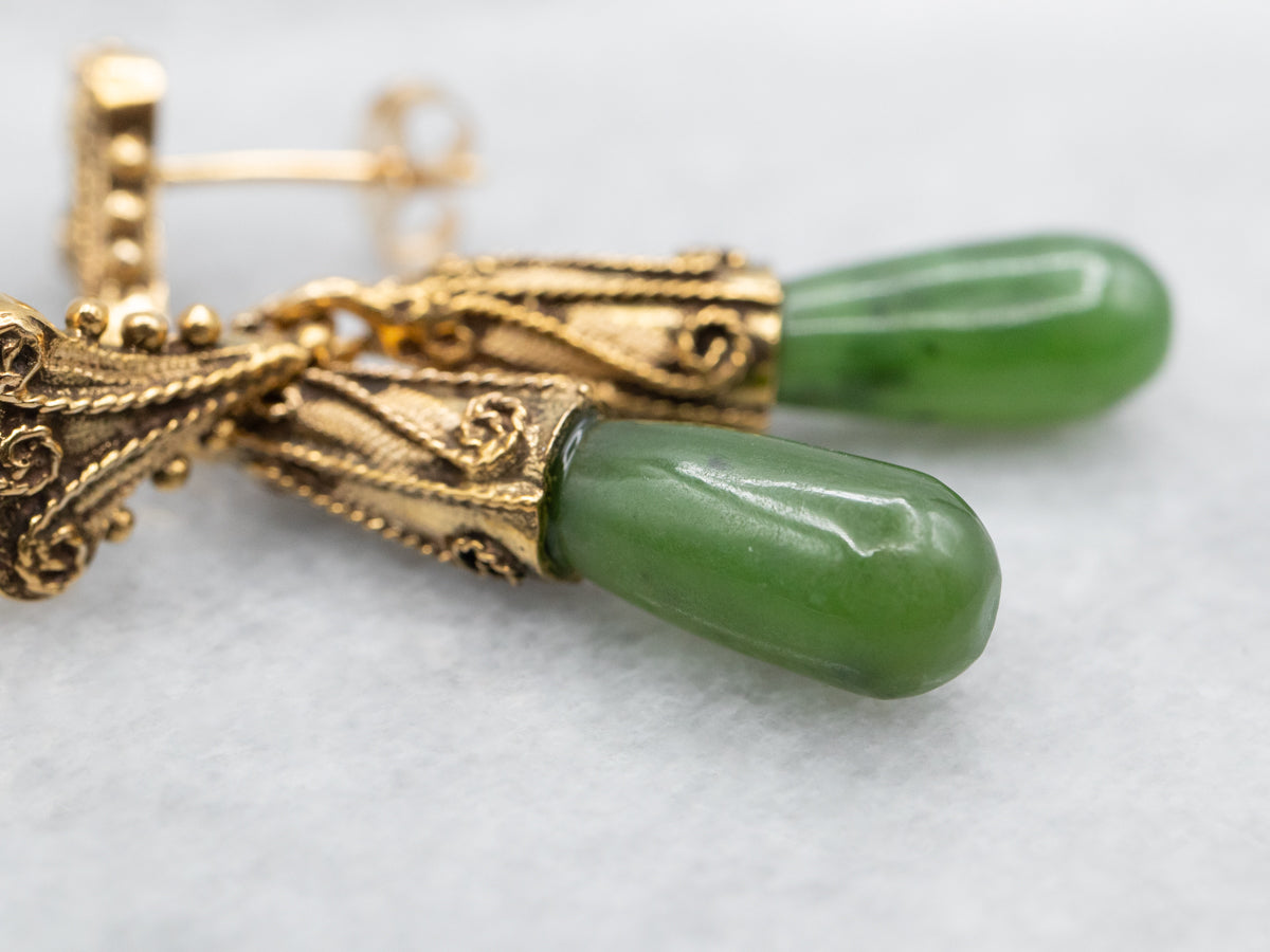 Scrolling Gold Nephrite Jade Drop Earrings