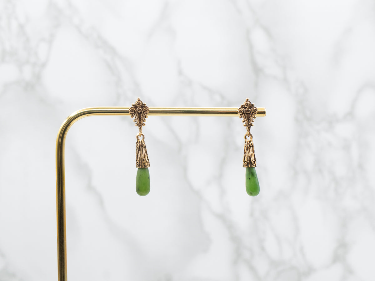 Scrolling Gold Nephrite Jade Drop Earrings