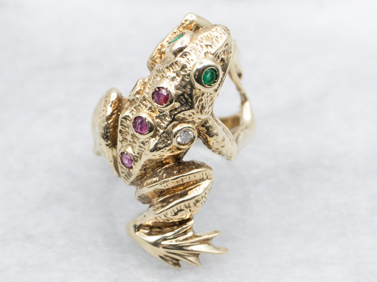 Golden Gemstone Tree Frog Statement Ring