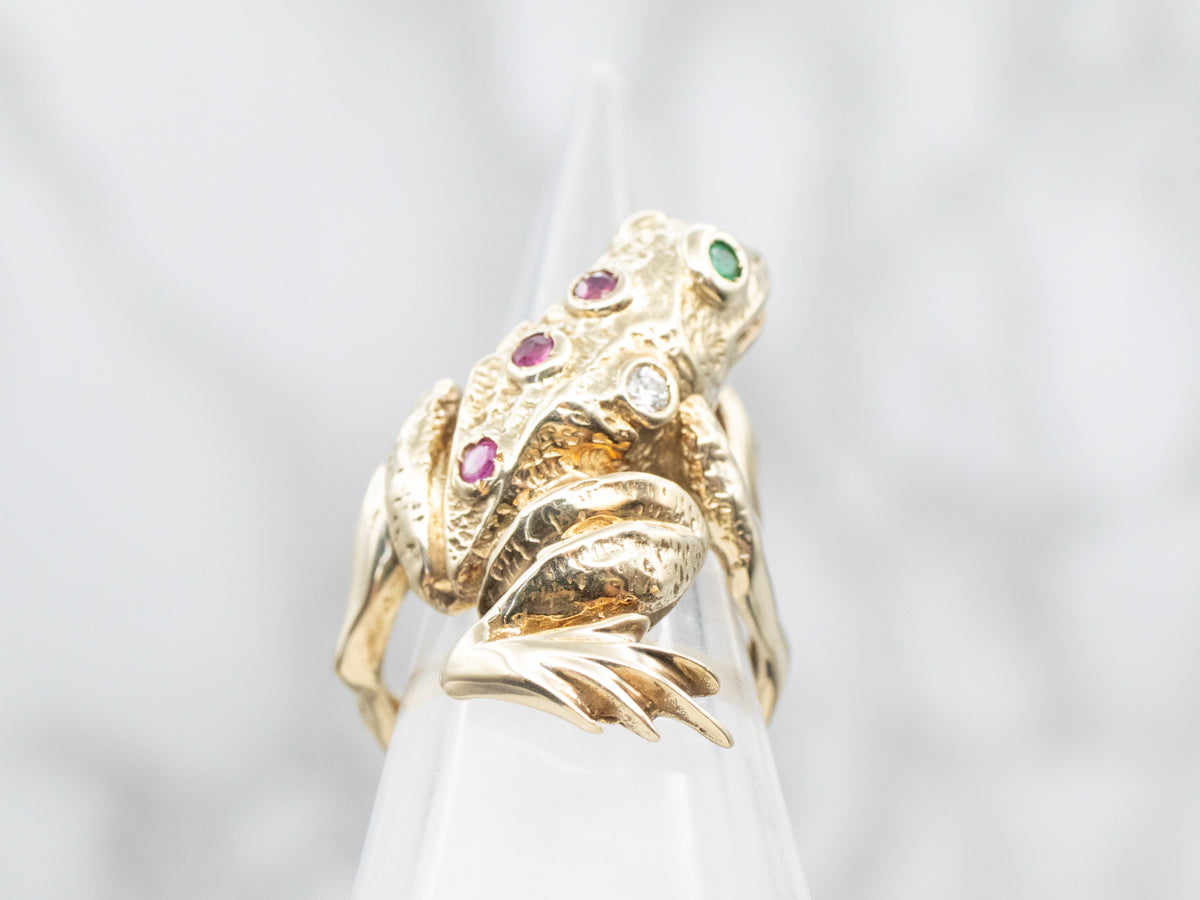 Golden Gemstone Tree Frog Statement Ring