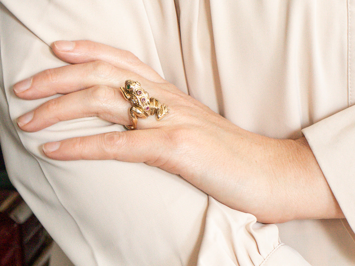 Golden Gemstone Tree Frog Statement Ring