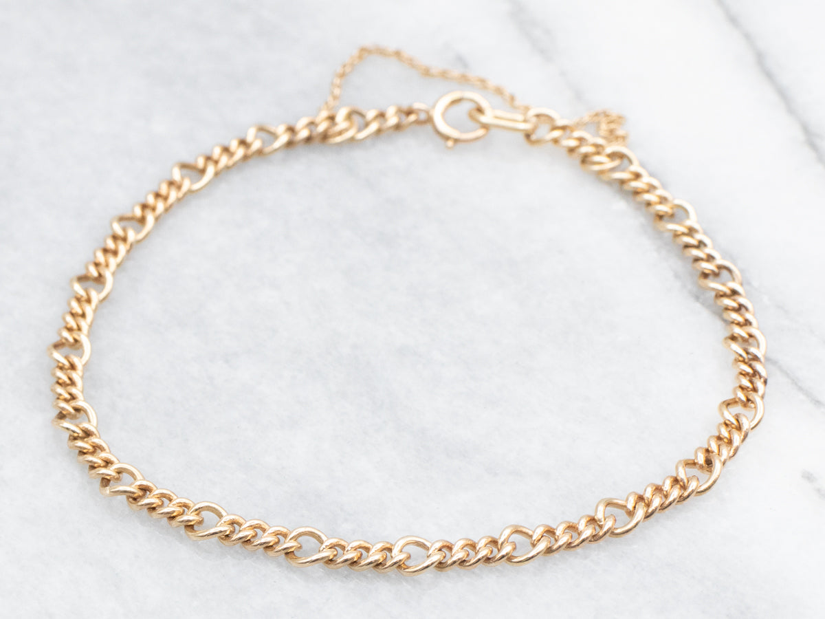 Polished Gold Curb and Round Link Charm Bracelet