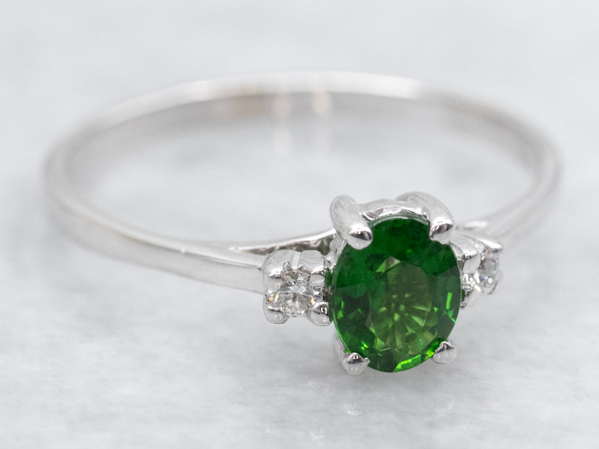 Green Tourmaline and Diamond Three Stone Ring