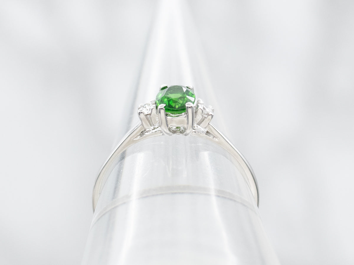 Green Tourmaline and Diamond Three Stone Ring