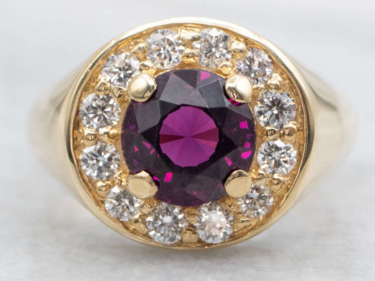 Modern Gold Rhodolite Garnet and Diamond Halo Ring